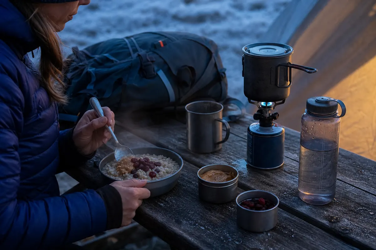 Simple trek breakfast portions beside a stove, mug, water bottle, and packed backpack - trek breakfast planning | KnowOutdoor