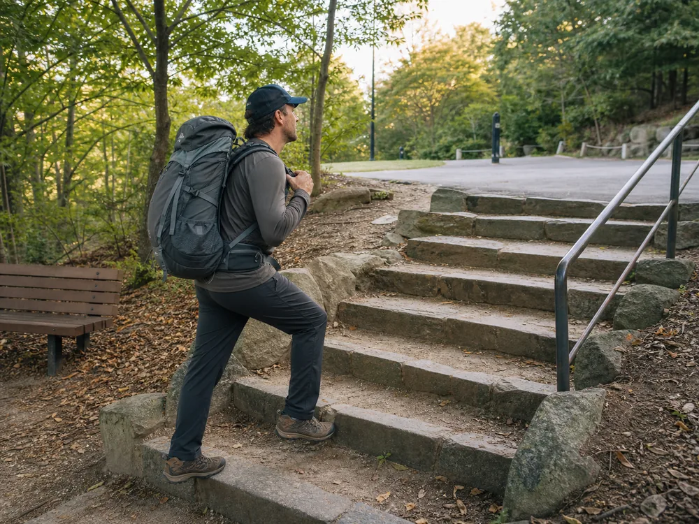 Trekker on a local practice walk wearing a fully loaded multi day pack