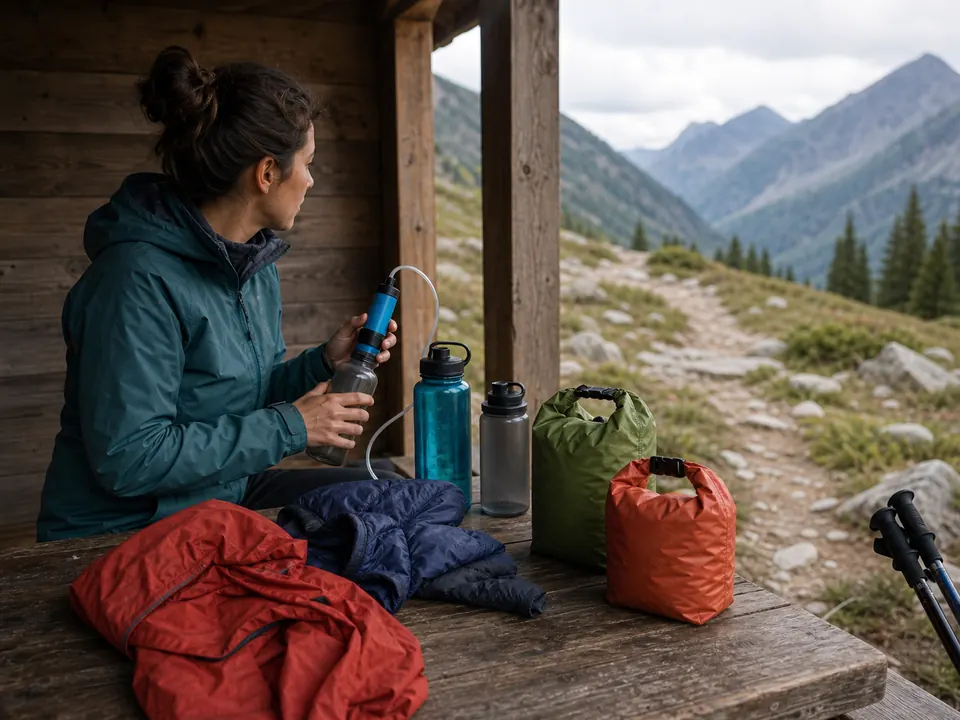 Trekker at a trail shelter checking water bottles, filter, rain shell, warm layer, and dry bags